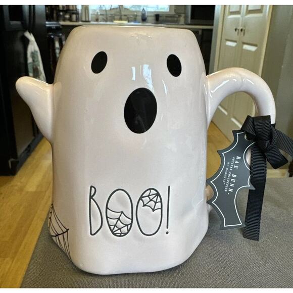 Rae Dunn Light Pink Ghost Coffee Tea Cup Mug Boo and Spiderwebs NWT Halloween - Picture 1 of 6
